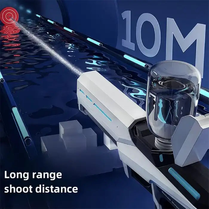  Electric Water Gun aiming at distant red target with external bottle attached.