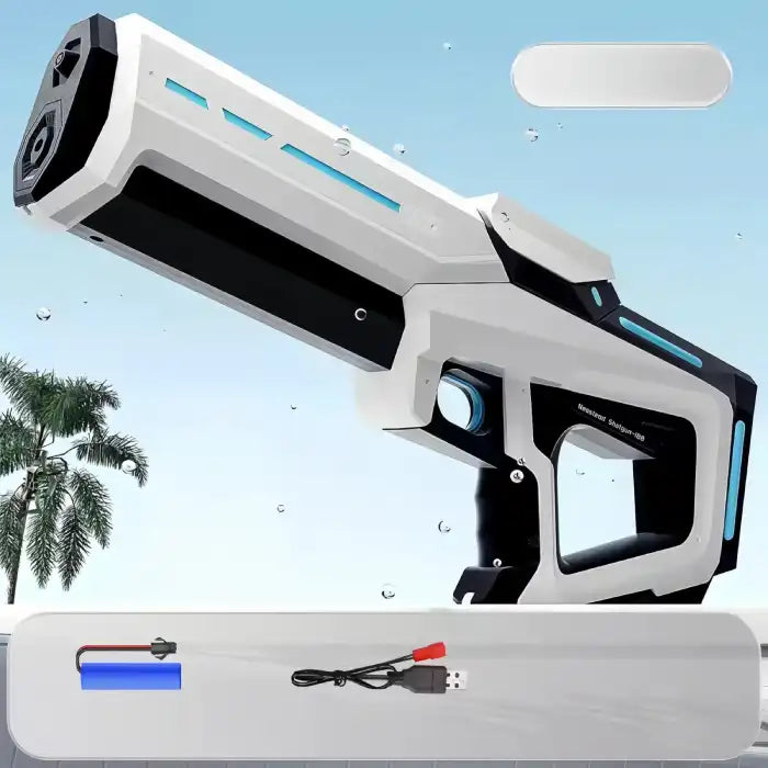  Electric Water Gun in white with blue accents shown with rechargeable battery and USB cable.