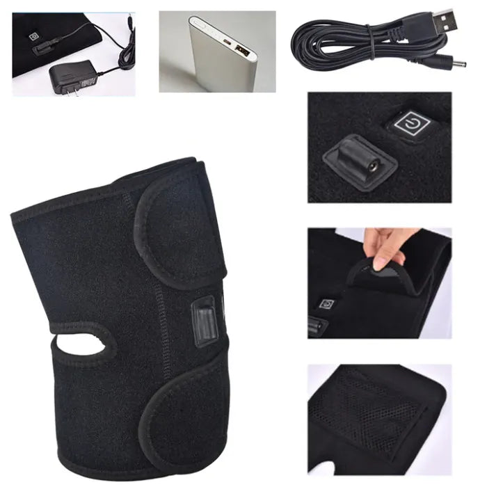 Collage of heating pad accessories including power adapter, portable charger, USB cable, and black fabric wrap with control panel