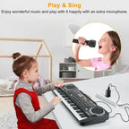 Electronic keyboard with microphone and child singing, highlighting play and sing features.