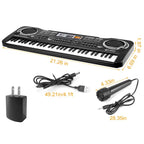 Electronic keyboard with size measurements and included accessories like microphone and charging cable.