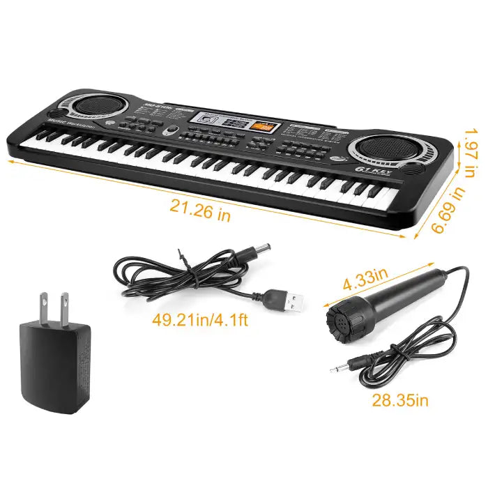 Electronic keyboard with size measurements and included accessories like microphone and charging cable.