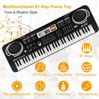 Electronic keyboard toy with icons showing tones, rhythms, demos, and microphone functions.