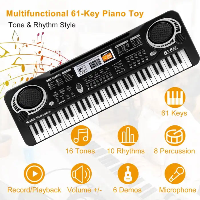 Electronic keyboard toy with icons showing tones, rhythms, demos, and microphone functions.