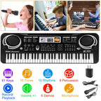 Electronic keyboard toy with microphone and kids playing music, ideal for learning and fun at home.