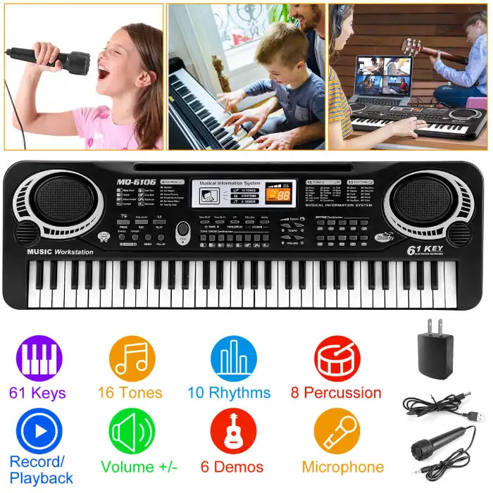 Electronic keyboard toy with microphone and kids playing music, ideal for learning and fun at home.