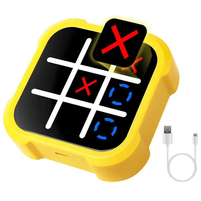 Electronic Tic-Tac-Toe Game with red X icon popping out mid-play and USB cable beside.
