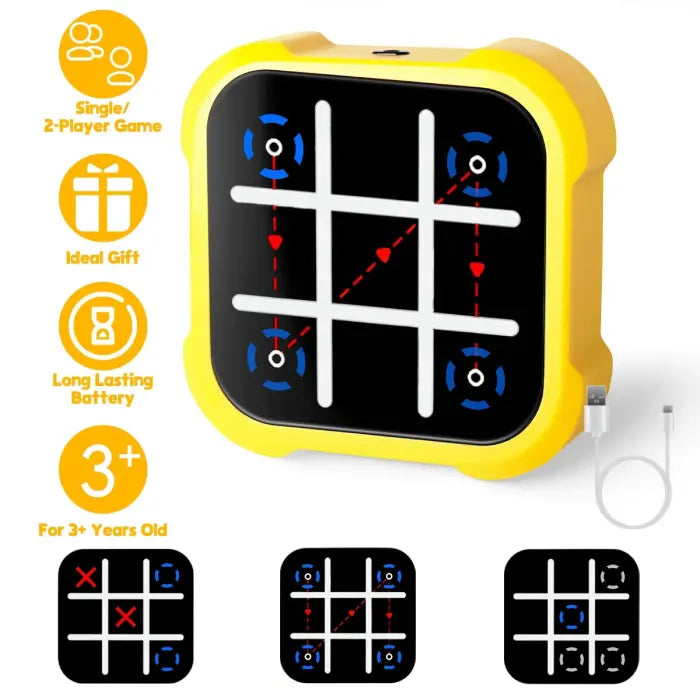 The Electronic Tic-Tac-Toe Game is a compact, rechargeable handheld toy that lets kids and families enjoy classic X and O fun in single or two-player mode. Features glowing icons, a whack-a-mole level, USB charging, and is ideal for travel or home play.