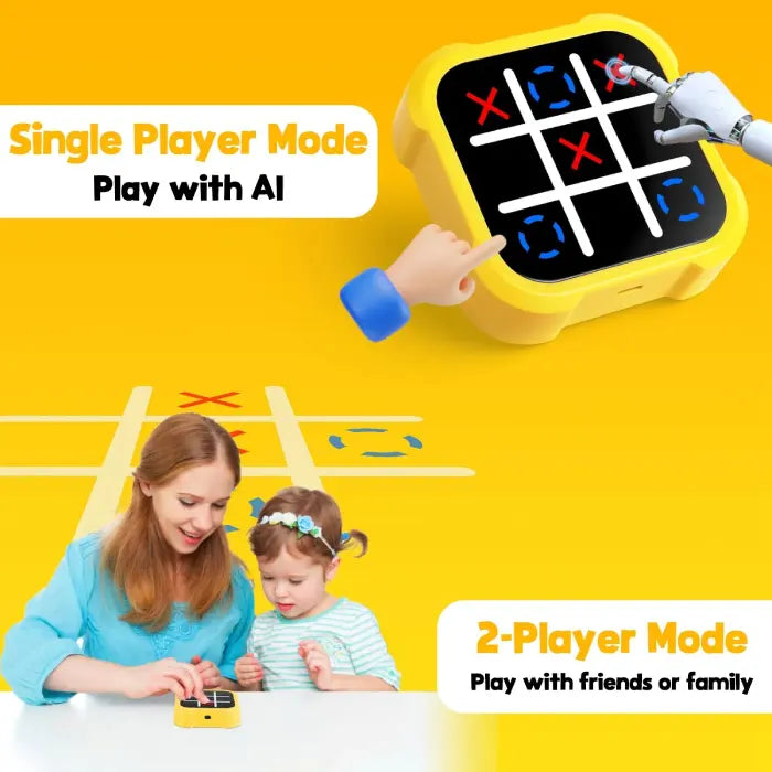 Electronic Tic-Tac-Toe Game with single and two-player mode options for kids and families.