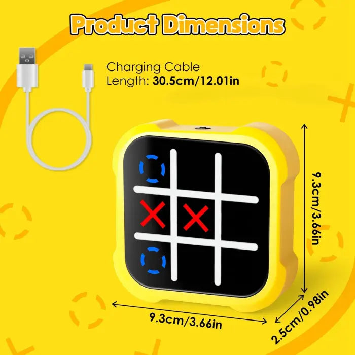 Electronic Tic-Tac-Toe Game shown with dimensions and charging cable measurement.