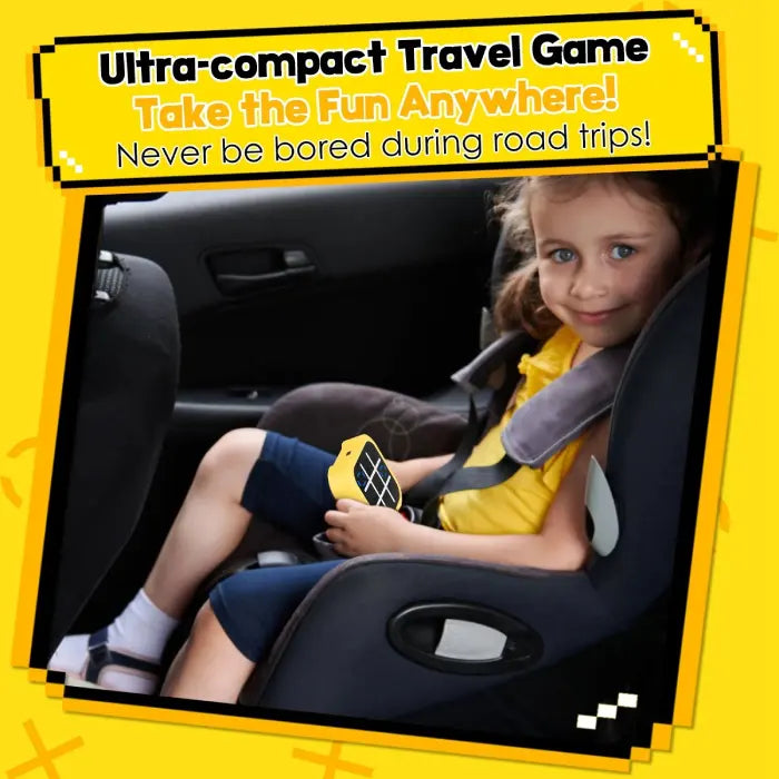 Electronic Tic-Tac-Toe Game held by child in car seat, perfect for travel and road trip fun.