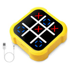 Electronic Tic-Tac-Toe Game with USB charging cable and bright yellow square design.