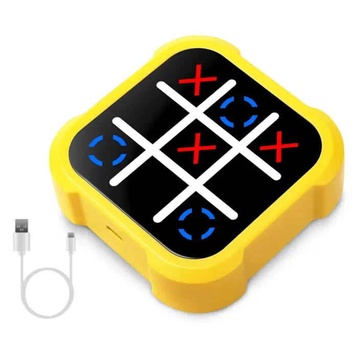 Electronic Tic-Tac-Toe Game with USB charging cable and bright yellow square design.