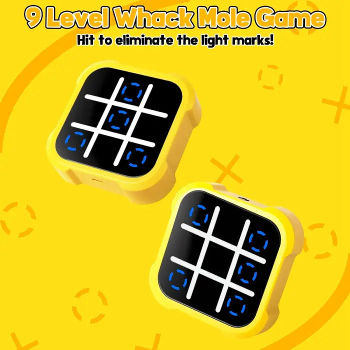 Electronic Tic-Tac-Toe Game in Whack-a-Mole mode with blue targets on screen.