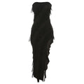  Black strapless tube top dress for women with layered tassel ruffles and side split hem.