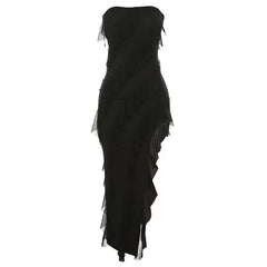  Black strapless tube top dress for women with layered tassel ruffles and side split hem.