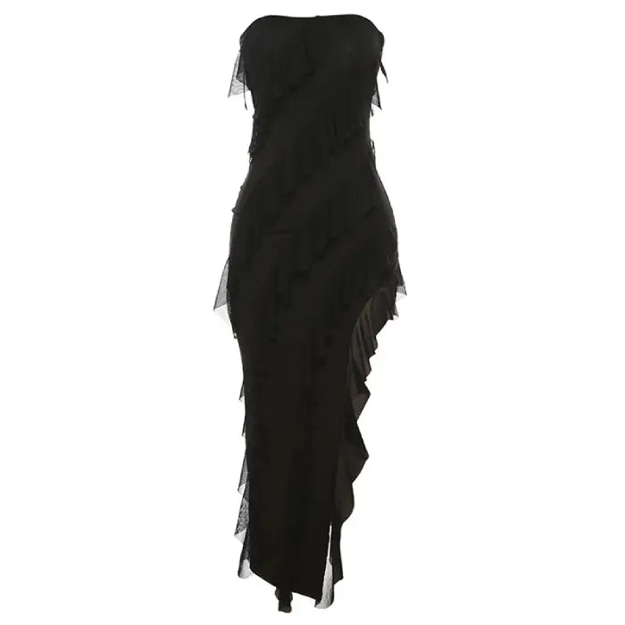  Black strapless tube top dress for women with layered tassel ruffles and side split hem.