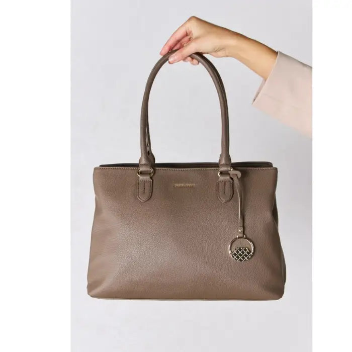 Elegant brown handbag displayed against a white background.