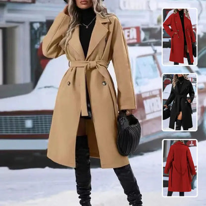 Stylish camel wool coat with belt tie, worn with black turtleneck and knee-high boots against snowy urban backdrop