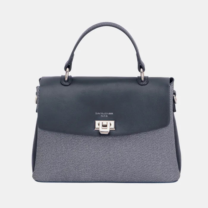 Stylish gray and black handbag with silver clasp, top handle, and textured fabric bottom panel