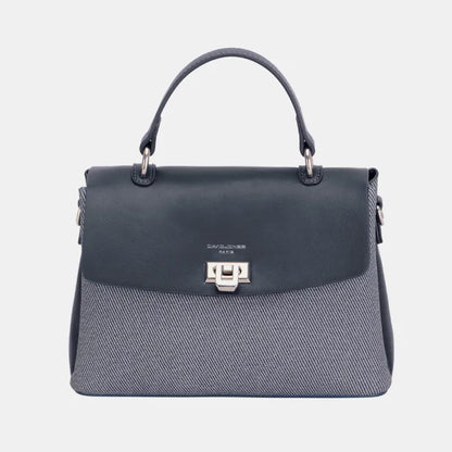 Stylish gray and black handbag with silver clasp, top handle, and textured fabric bottom panel