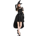 Elegant witch Halloween costume with short black dress, lace details, and pointed hat.