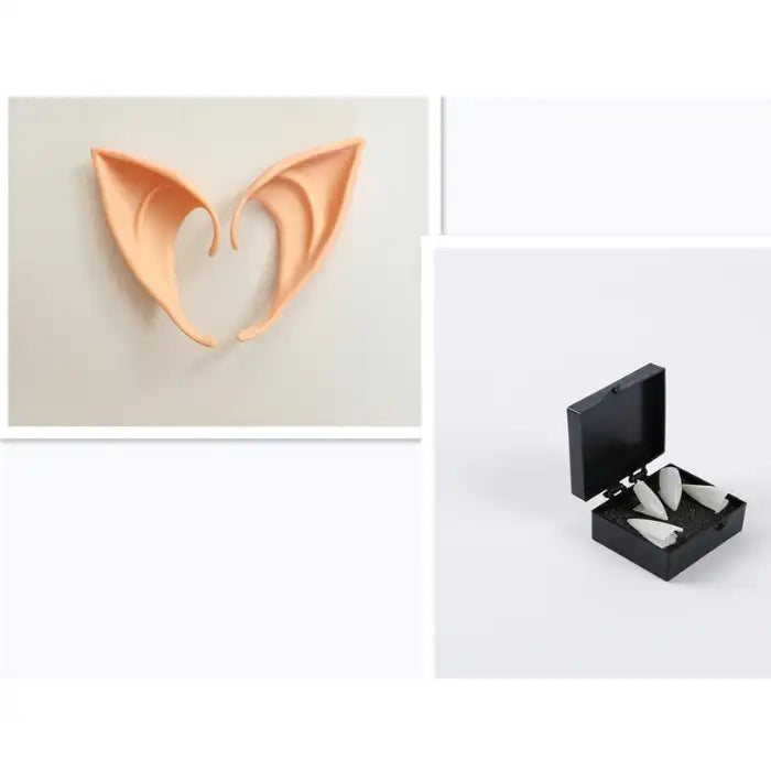 Elf Ears with vampire fangs combo kit featuring latex tips and pointed teeth in box