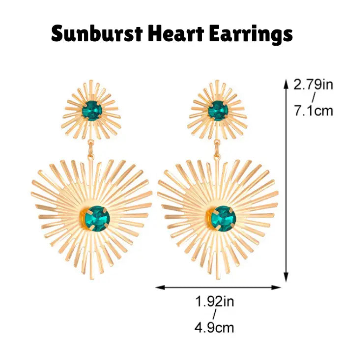 emerald sunburst statement earrings in gold with green gems shown with size guide, highlighting large radiant geometric design