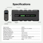 Emergency Starting Power jump starter dimensions and specs showing ports, power, and size details
