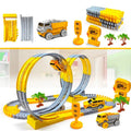 Engineering race track set with 109 pieces, featuring looped tracks, yellow dump truck, and road signs.