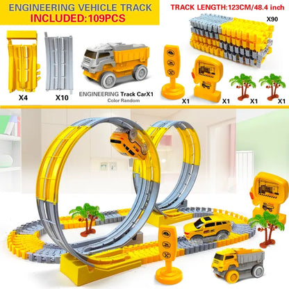 Engineering race track set with 109 pieces, featuring looped tracks, yellow dump truck, and road signs.