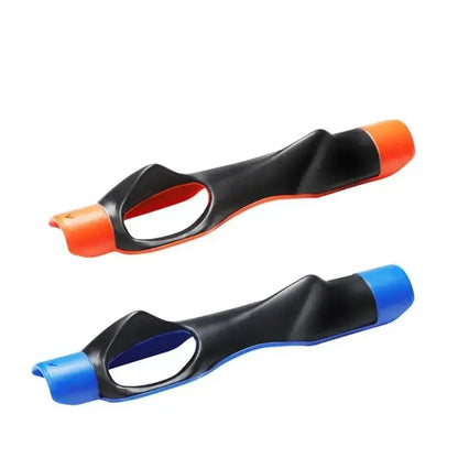 Two ergonomic golf grips in black with orange and blue accents, featuring curved design and finger holes