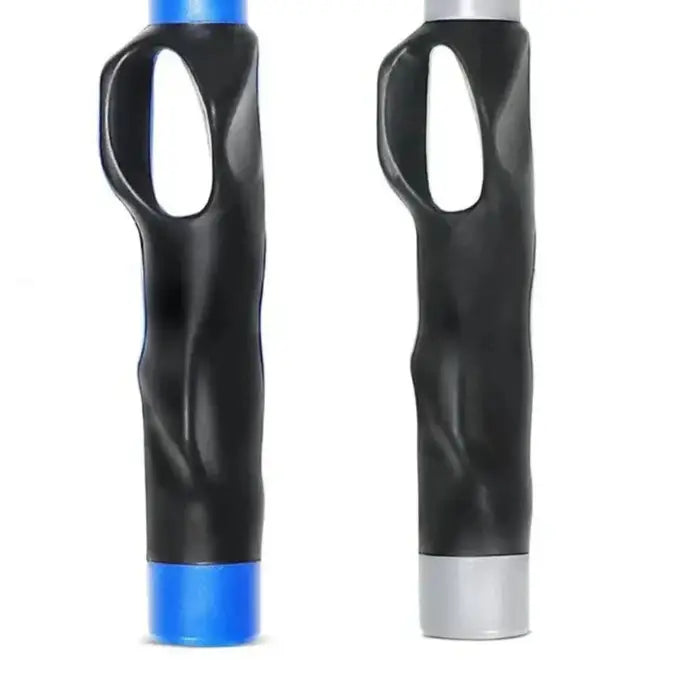 Side view of two ergonomic golf grips in black with blue and silver accents, showing curved design