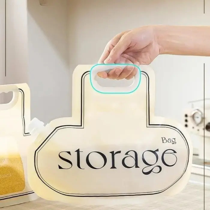 Grain storage bag with ergonomic handle for easy carrying and pouring, ideal for kitchen organization.