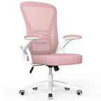 Close-up of a pink ergonomic office chair with white frame, adjustable armrests, and rolling base on white background