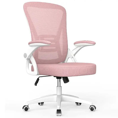 Close-up of a pink ergonomic office chair with white frame, adjustable armrests, and rolling base on white background