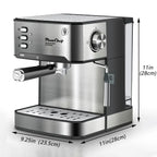 Espresso machine stainless steel with 11 inch height, perfect for kitchen counter or small space.
