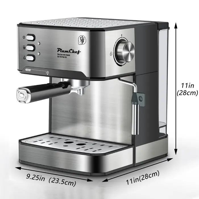 Espresso machine stainless steel with 11 inch height, perfect for kitchen counter or small space.