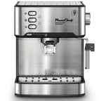Espresso machine stainless steel with steam wand and easy control buttons for home coffee making.