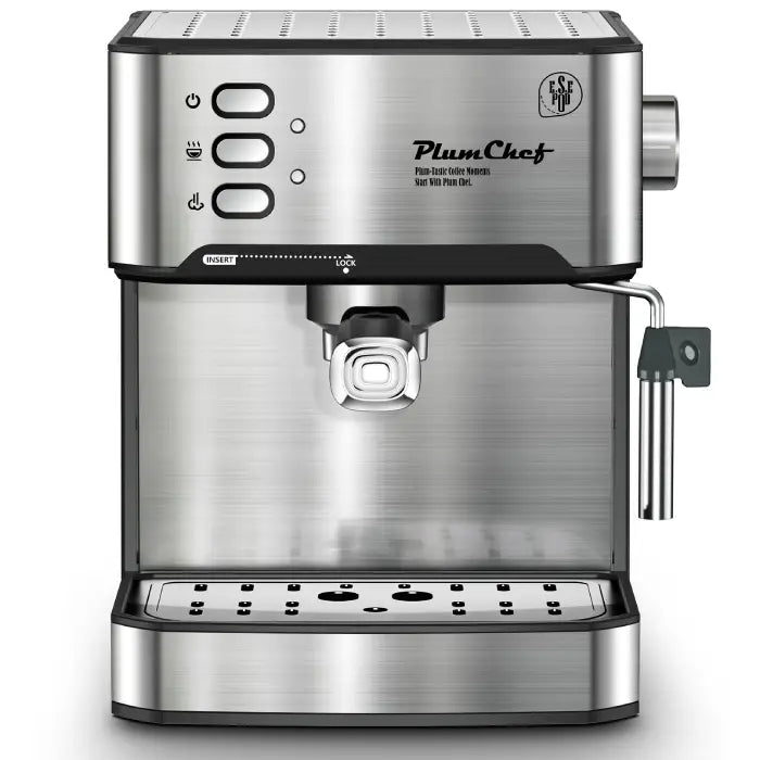 Espresso machine stainless steel with steam wand and easy control buttons for home coffee making.