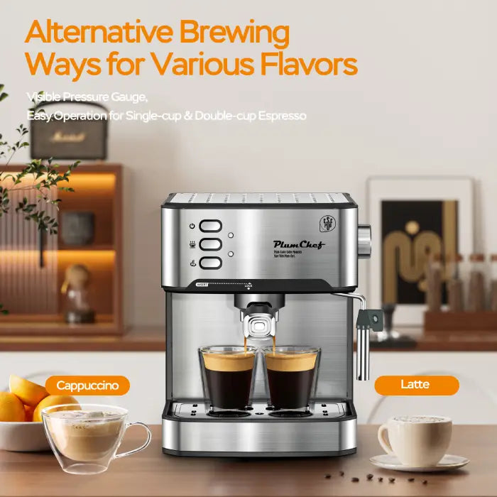 This is an espresso machine stainless steel with steam wand and pressure gauge for home use.