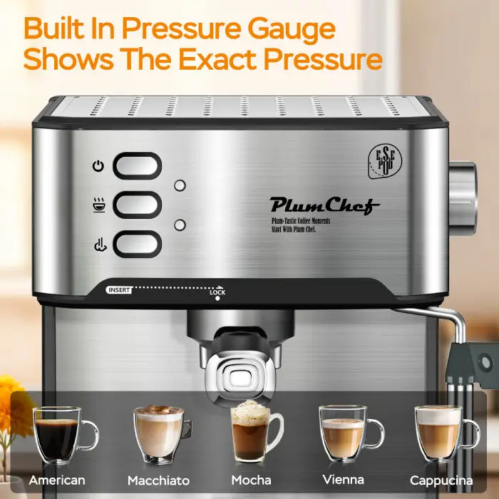 Espresso machine with steam wand making espresso, mocha, latte, and cappuccino drinks daily.