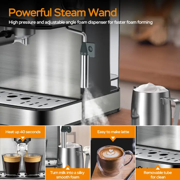Espresso machine with steam wand that froths milk fast for creamy foam and perfect latte art.