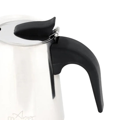 Detail shot of ergonomic black handle and lid hinge on stainless steel coffee maker