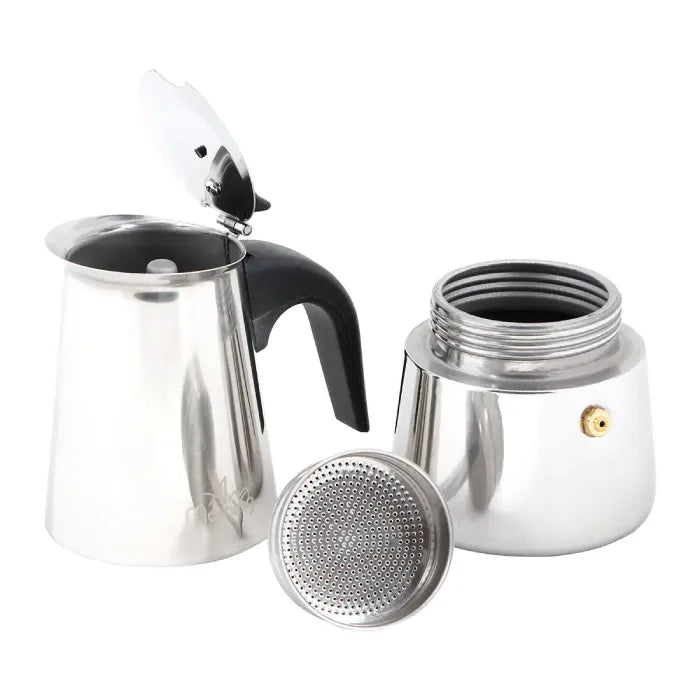 Disassembled stovetop espresso maker showing main body, filter basket and base components on white background