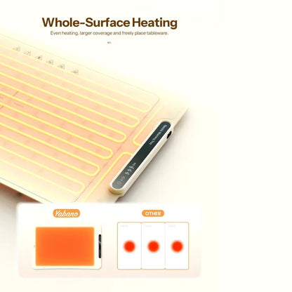 Whole-surface heating for even warmth across larger coverage, allowing free placement of tableware.