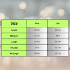 Evening cutout dress size guide showing bust and hip measurements from small through XX-large for perfect fitting formal wear