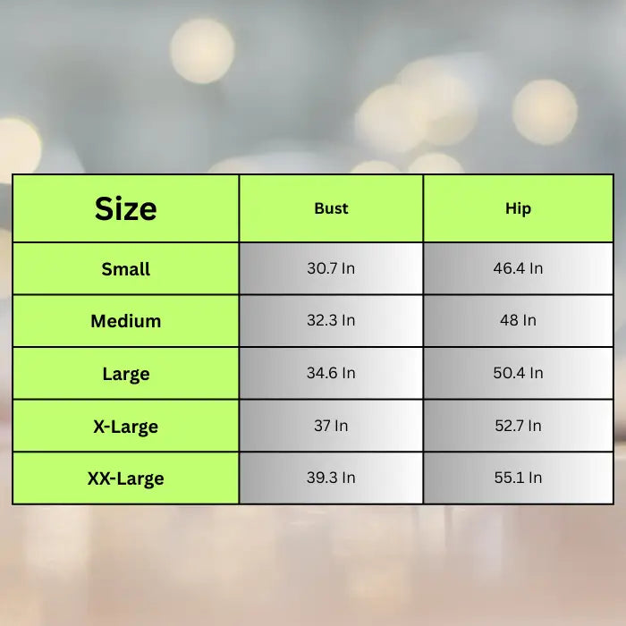 Evening cutout dress size guide showing bust and hip measurements from small through XX-large for perfect fitting formal wear