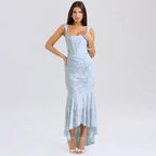 Evening dress in powder blue with textured floral pattern, structured square neckline, ruched side detail and flowing mermaid hem