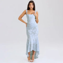 Evening dress in powder blue with textured floral pattern, structured square neckline, ruched side detail and flowing mermaid hem
